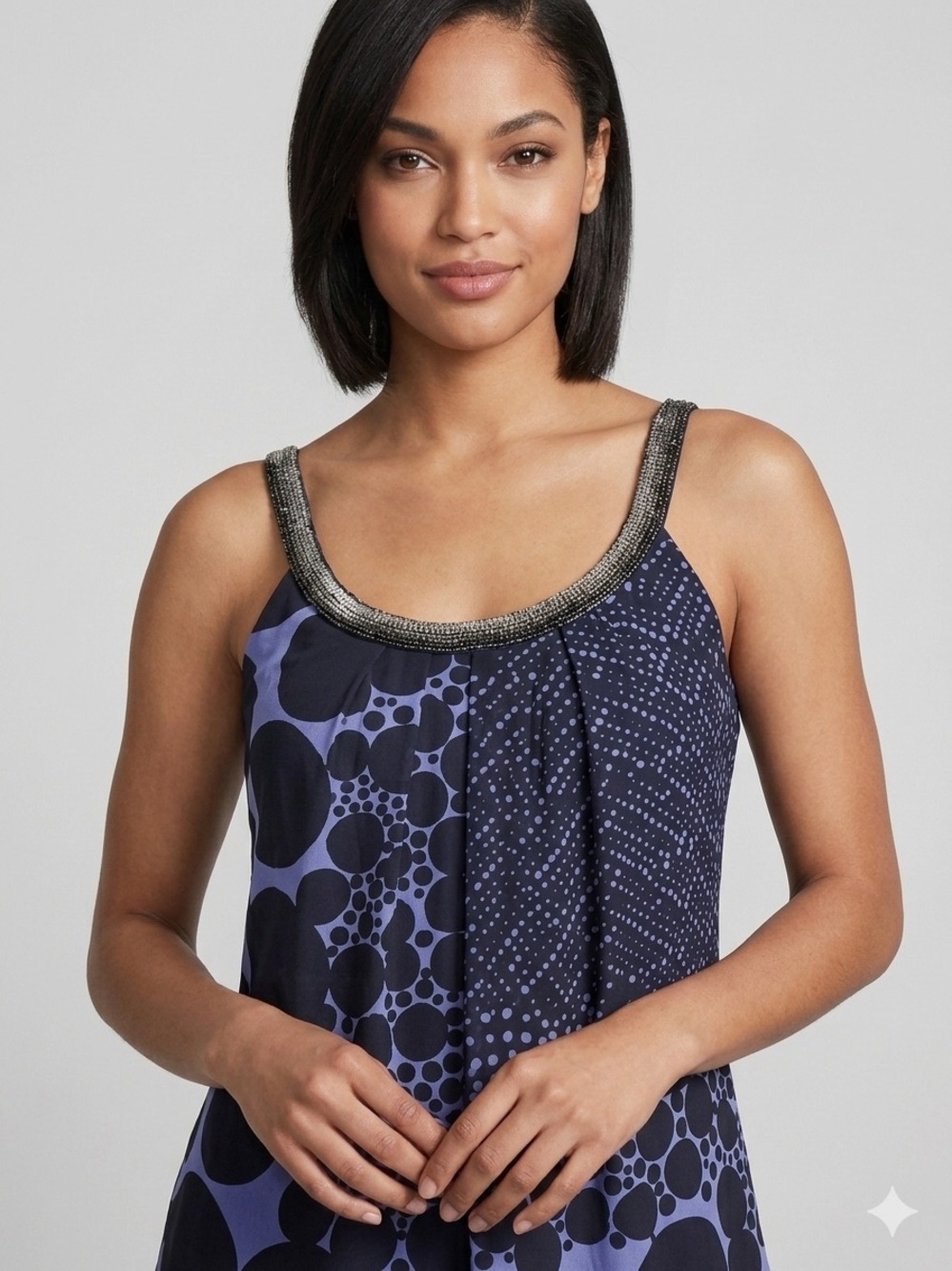 INC International Concepts Blue & Black Patterned Beaded Neck Sleeveless Blouse